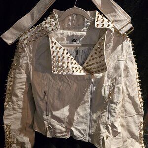 SX Gold Spike Studded White Vegan Faux Leather Jacket - LARGE - NWT